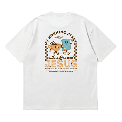 My morning starts with Jesus & coffee – Premium Oversized T-Shirt