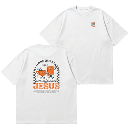 My morning starts with Jesus & coffee – Premium Oversized T-Shirt