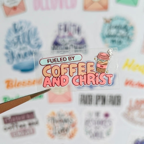Fueled by Coffee and Christ (Pink/Blue) – UV Waterproof Sticker