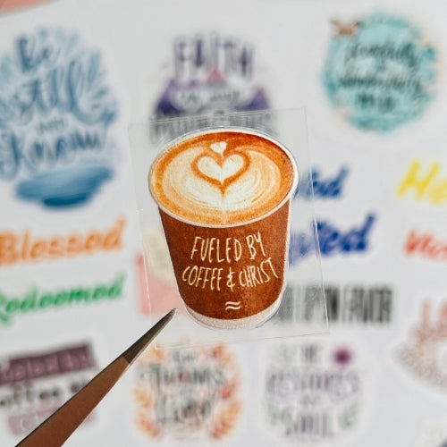 Fueled by Coffee and Christ (Brown Cup) – UV Waterproof Sticker