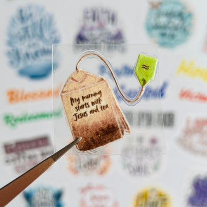 My Morning Starts with Jesus and Tea – UV Waterproof Sticker